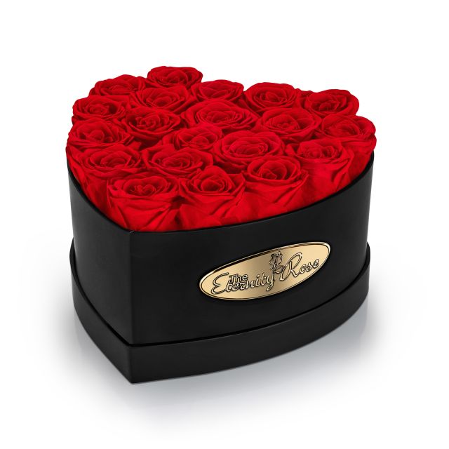 20 roses rouges stabilisées – coffret cœur noir