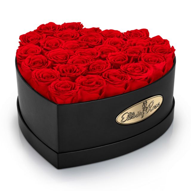 30 roses rouges stabilisées – coffret cœur noir