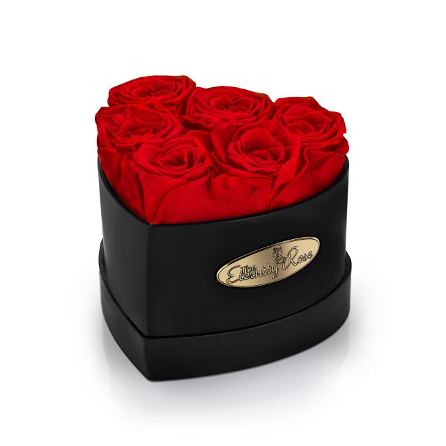 6 roses rouges stabilisées – coffret cœur noir