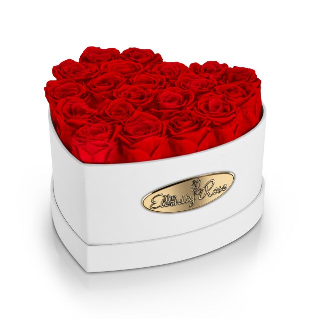 20 roses rouges stabilisées – coffret cœur blanc