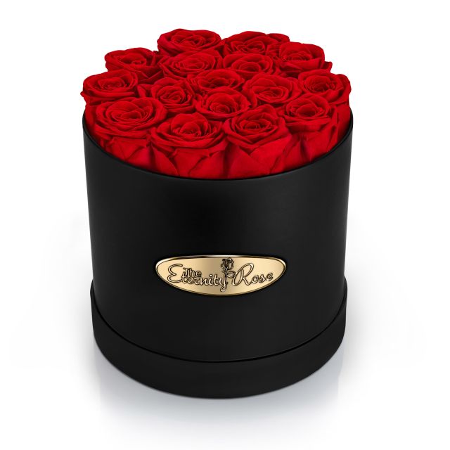 16 roses stabilisées – coffret rond noir