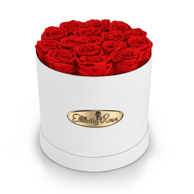 16 roses stabilisées – coffret rond blanc