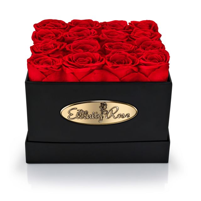 16 roses rouges stabilisées – coffret carré noir