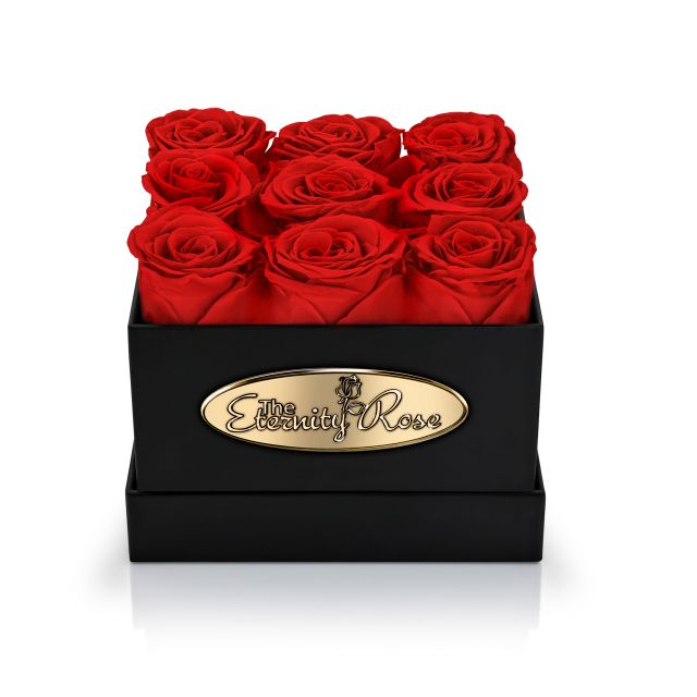 9 roses rouges stabilisées – coffret carré noir