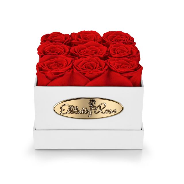 9 roses rouges stabilisées – coffret carré blanc