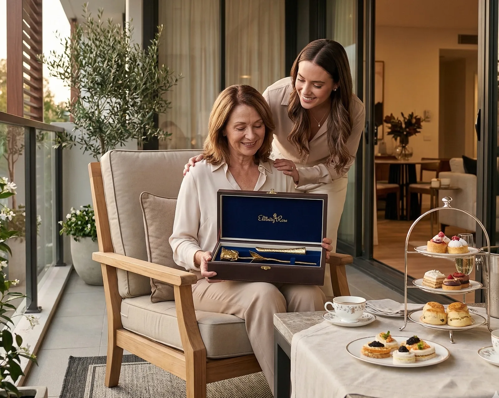 A mother and daughter sharing a Mother's Day afternoon tea with an Eternity Rose presentation case